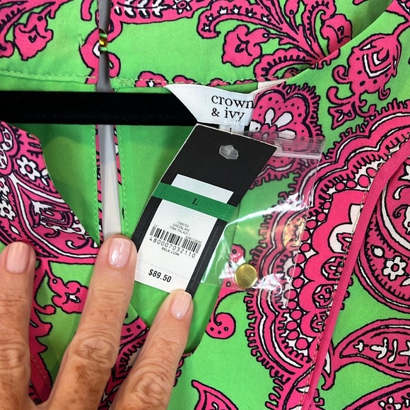 NWT Crown and Ivy Pink Green Paisley Size‎ Large Dress V Neckline Sleeveless - Picture 3 of 7